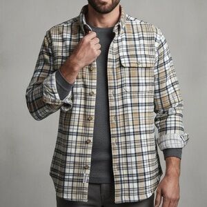 Heavyweight Plaid Flannel Ridgecut‎ Toughwear Tan White Gray Shirt L Large